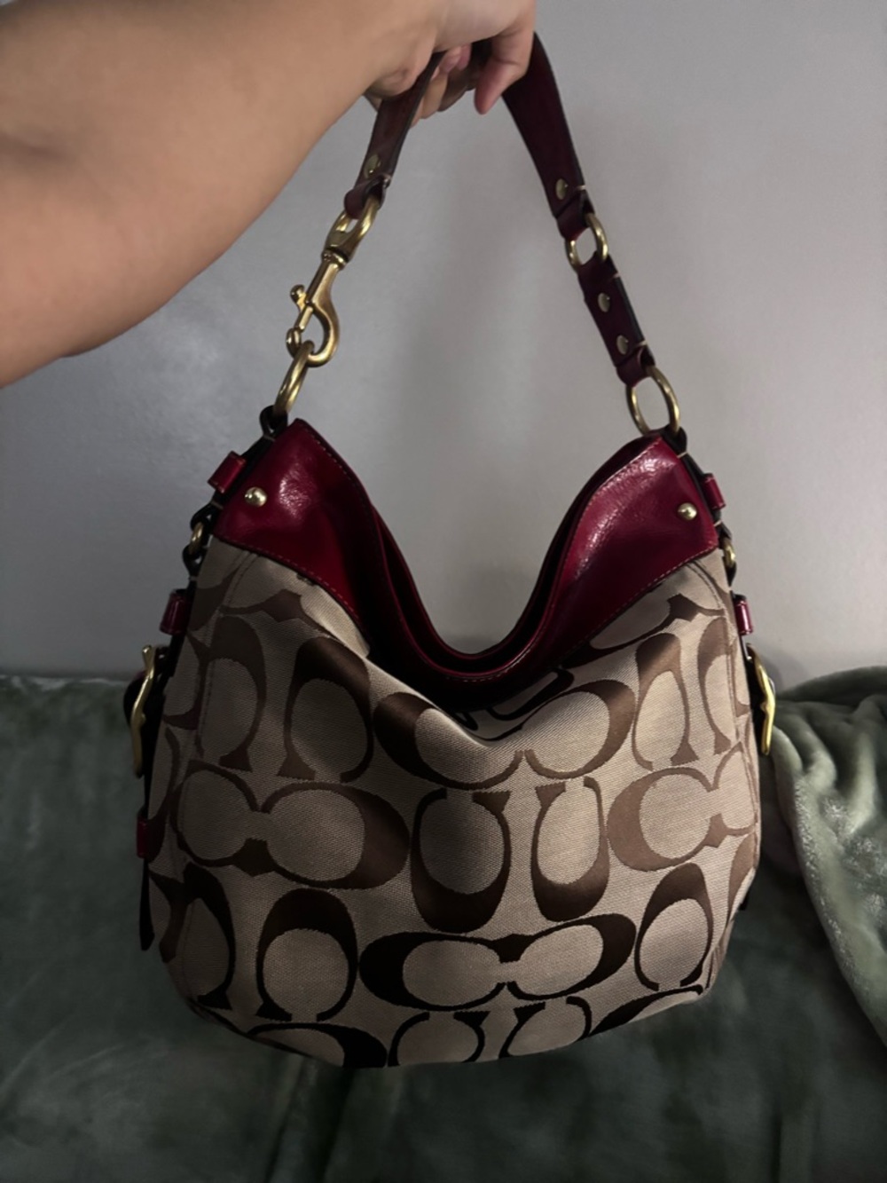 Coach Signature Canvas Shoulder Bag in Khaki and Red